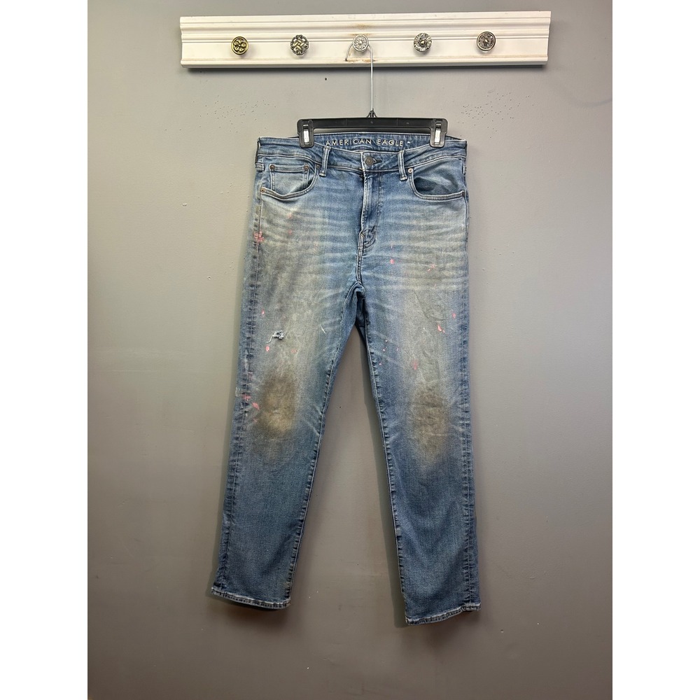 American Eagle Jeans Men 33x31 Light Blue Airflex+β Original Straight Thrashed